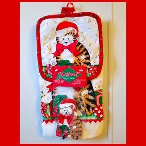 🎄Vintage 90s Christmas Kitty Kitchen Towel Pot Holder & Magnet 3 Piece Set NIP